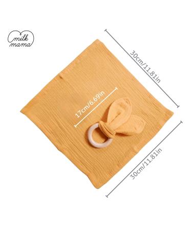 Organic Cotton Security Blanket & Bunny Ears Teething Ring Set for Babies | 100% Muslin Fabric & Wooden Teether in Yellow - Buy Online on GoSupps.com