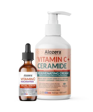 Alozera Vitamin C Body Lotion & Vitamin C Facial Serum Bundle with Ceramides Niacinamide & Stem Cells for Brightening Even Skin Tone Hydrating & Anti-Aging Care
