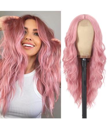QIANSEE Pink Wig 26inch Long Wavy Wigs for Women Middle Part Curly Wig Natural Looking Heat Resistant Fiber Synthetic Wigs for Daily Use
