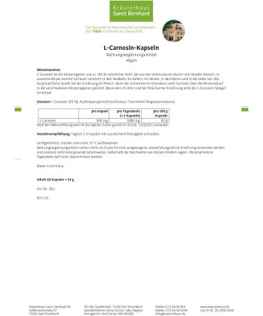 Sanct Bernhard L-Carnosine Capsules 500mg | Vegan | 60 Capsules | Amino Acids Alanine & Histidine | International Shipping Available - Buy Online on GoSupps.com