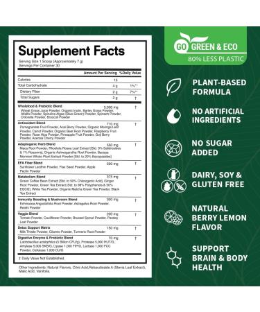 VitaCup Super Greens Powder - Boost Energy, Detox, and Immunity - 50+ Premium Superfoods with Probiotics, Prebiotics, Fiber, Antioxidants, Adaptogens - Berry Lemon Flavor - 30 Servings - Buy Online on GoSupps.com