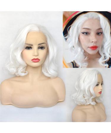BLUPLE White Lace Front Wig Short Wavy Bob Style Platinum White 1001 Loose Wave Curly Synthetic Hair Side Part Half Hand Tied Replacement Full Wigs 12 Inches for Women Girls 12 Inch Curly White