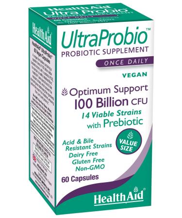 HealthAid UltraProbio 100 Billion 60ct Once Daily Capsules Optimum Support 100 Billion with Prebiotic Acid & Bile Resistant Dairy & Gluten Free Non-GMO Vegan 14 Viable Strins.