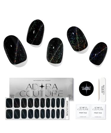 Semi Cured Gel Nail Strips |20pcs Magnetic Cateye Glitter Rainbown Black Gel Nail Stickers| Nail Wraps Kit for Women | Gel Nail Stickers with UV Light Required (Apollo) Black Apollo