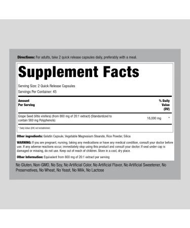 Piping Rock Grape Seed Extract 16000mg | 90 Capsules | Standardized Non-GMO Gluten Free Supplements - Buy Online on GoSupps.com