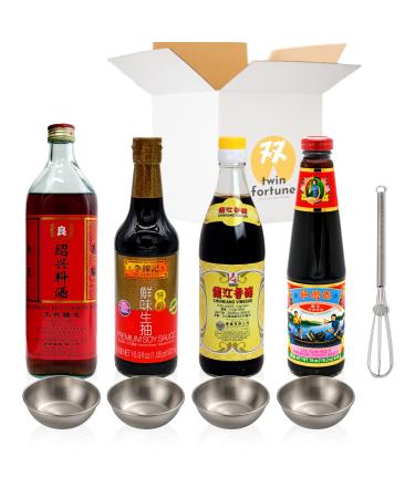 Chinese Cooking Sauces Essentials TFC101 - Key Flavors of Authentic Chinese Cuisine, Soy Sauce Black Vinegar Oyster Sauce Shaoxing Cooking Wine, 4 TwinFortune Stainless Steel Sauce Trays, 1 Whisk