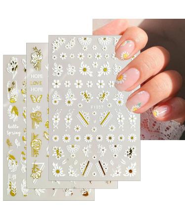 Buy 8 Sheets White Gold Flower Nail Art Stickers - 3D Self-Adhesive Daisy & Holographic Designs for Women | International Shipping - Buy Online on GoSupps.com
