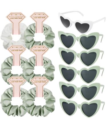 Loanzeg Satin Bridesmaid Scrunchies Bachelorette Hair Ties Set of 6 sunglasses Bridal Shower No Damage Hairties ideas Gift for Wedding Party Favors Bridesmaid Proposal Gifts (White&Sage Green)