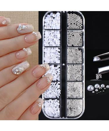 12 Grid Nail Art Rhinestones Rhinestones for Nails Semicircular Pearl Balls Nail Charms Small Stainless Steel Beads Caviar Beads White Flatback Beads for Women Acrylic Nail Decorations Design - Buy Online on GoSupps.com