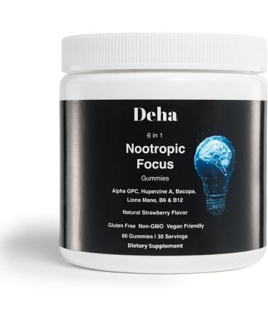 Deha Focus Gummies Nootropic Brain Supplement with Vitamin B6 Vitamin B12 Alpha GPC Huperzine A Bacopa Monnieri Lions Mane Mushroom Gummies Vegan Non-GMO Gluten-Free 60 Gummies - Buy Online on GoSupps.com