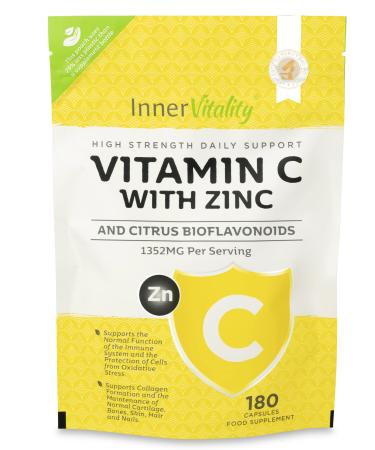 Vitamin C 1300mg and Zinc with Bioflavonoids (3 Month Supply) - 180 Capsules with No Additives - Better Absorption & Easier to Swallow Than Vitamin C 1000mg Tablets