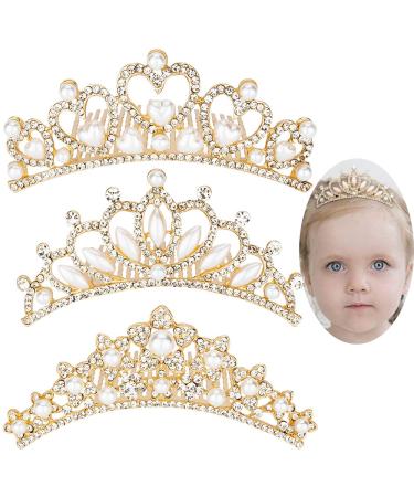 ANBALA Small Tiara Crown with Hair Comb 3 Pack Mini Tiara Crown Princess Crystal Shiny Hair Accessories for 2 3 4 5 6 7 8 9 Years Girls Hair Dectoration Styling Cute Hair Accessories (Gold)