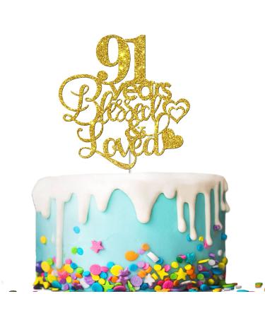 Tenhaisi Gold Glitter 91 Years Blessed & Loved Cake Topper - 91st Birthday / 91st Anniversary Cake Topper - Happy 91 Birthday Decoration - 91st Birthday / 91st Anniversary Party Decoration