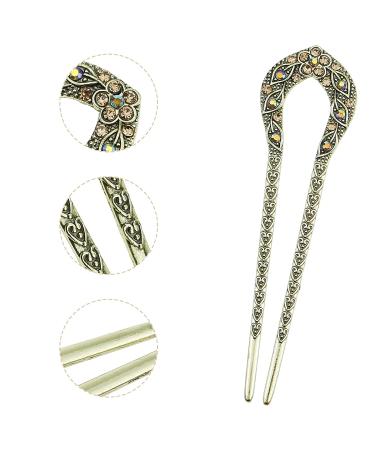 Vintage Crystal Rhinestone Double Prong Hair Stick Set - Champagne & Blue | Hairstyle Chignon Hairpin - 2 Pcs - Buy Online on GoSupps.com