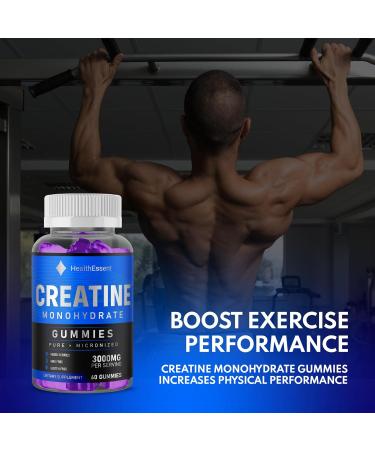 3000mg Vegan Creatine Gummies 60 ct - High Strength Monohydrate Chews for Women & Men - All Natural Supplement by HealthEssent - Buy Online on GoSupps.com