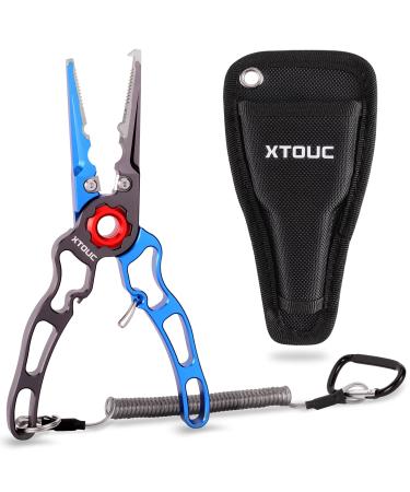 XTOUC Fishing Pliers, Titanium Alloy Clamp Head Fishing Gear,Saltwater Resistant Fishing Tools, Hook Remover Braid Line Cutting and Split Ring Pliers, with Sheath and Lanyard Blue&gray
