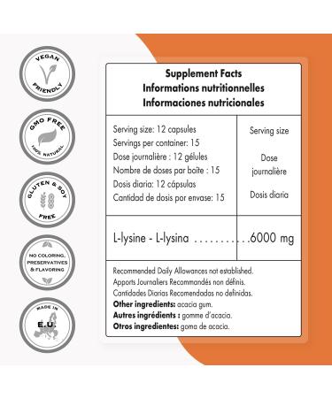 Buy Supersmart L-Lysine 6000mg - High Strength Essential Amino Acid Supplement | Non-GMO Gluten Free 180 Vegetarian Capsules - International Shipping Available - Buy Online on GoSupps.com