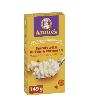 ANNIE'S - MACARONI AND CHEESE Spirals with Butter and Parmesan No Artificial Flavours or Synthetic Colours Contains Real Cheese and Milk Ingredients 80% Organic Ingredients 149 Grams Package