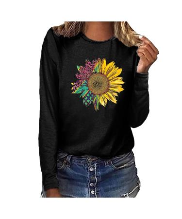 tsaChick Women's Oversized Sweatshirt Clearance Autumn Winter Slim Sunflower Long Sleeve Shirt S-XXL Custom Hoodie Female Crew Neck Knit Overall Women's Hoodies WYF45 Black 105 S