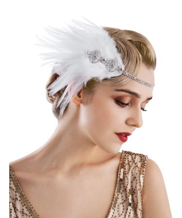 SWEETV Flapper Headband 1920s Headpiece  Rhinestone Feather Roaring 20s Great Gatsby Hair Accessories for Women White