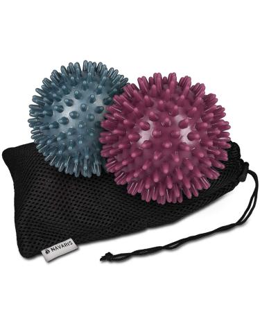 Navaris 2x hedgehog ball with knobs - 2 Set hedgehog ball massage ball - massage for hand foot back balance - fitness nopy ball 8cm medium and hard berry/petrol
