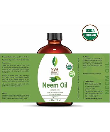 SVA Organics USDA Certified Neem Oil 4 Oz - 100% Pure, Dark & Unrefined for Skin & Hair | Strong Herbal Aroma, Ayurvedic Body Massages | Surface Hygiene, Overall Wellness - Buy Online on GoSupps.com