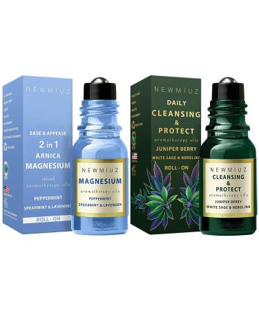 Headache Roll-On Essential Oil Blends Anti Stress Magnesium Peppermint Spearmint and Lavender & Cleansing and Protect Juniper Berry White Sage with Nerolina Smudging Oil Pack of 2