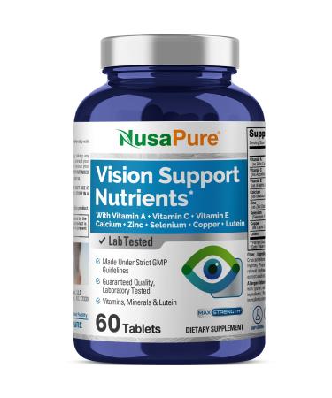 NusaPure Vision Support Nutrients with Vitamin A C E Calcium Zinc Selenium Copper Lutein 60 Tablets Non-GMO Dietary Supplement