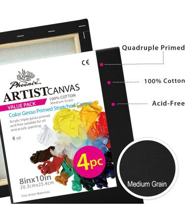 PHOENIX Black Stretched Canvas 8x10 Inch/4 Pack - Quadruple Gesso Primed Cotton Canvases for Painting & Crafts - Buy Online on GoSupps.com