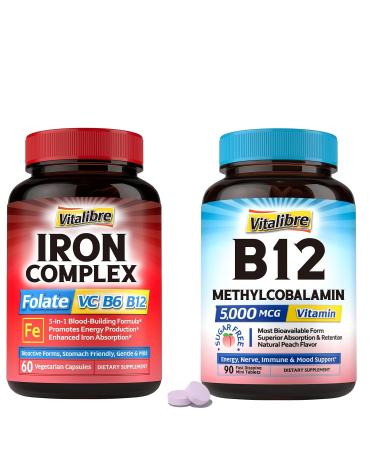 Iron Supplement for Women & Men 60 Vegan Caps & Vitamin B12 Sublingual 5000 mcg 90 Fast Dissolve Mini Tablets