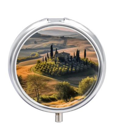 Pill Box Pill Case 3 Compartment Travel Pill Box Tuscany Landscape Tree Scenery Farm Printing Small Pill Box Portable Medicine Pill Case Pill Organizer for Purse & Pocket for Travel Handbag (Round)