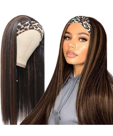Headband Wig for Women Black/Brown Long Straight Headband Wig Premium Synthetic Headband Wig Natural Glueless None Lace Front Wigs with Headbands & Wig Caps (22 Inch Black/Brown) 22 Inch (Pack of 1) Black/Brown