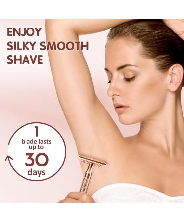 Safety Razor for Women & Men - Long Handle with 15 Stainless Steel Double Edge Blades - Rose Gold | Reduces Razor Burns - Buy Online on GoSupps.com