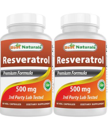 Best Naturals 2 Packs Resveratrol Complex 500 mg 60 Veg Capsules Made with Grape Skin Red Wine Quercetin - Gluten Free & Non GMO - (Total 120 Capsules)