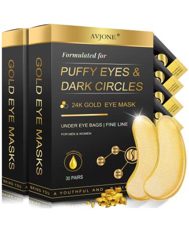 AVJONE 24K Gold Eye Mask (2 Pack) - 60Pairs - Puffy Eyes and Dark Circles Treatments Relieve Pressure and Reduce Wrinkles (2 Pack) - 60Pairs