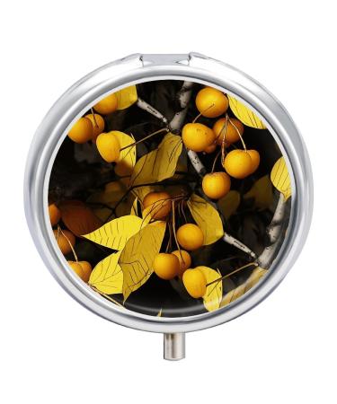 Round Pill Box Yellow Leaves and Fruits Print 3 Compartment Medicine Pill Case Print Pill Organizer Decorative Metal Portable Pill Box Pocket Pill Box Style-9