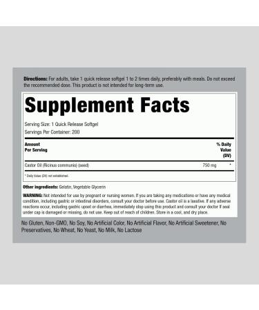 Buy Piping Rock Castor Oil Softgel Capsules 750mg - 200 Count | Cold Pressed Non-GMO & Gluten Free Supplement for Optimal Health - Buy Online on GoSupps.com