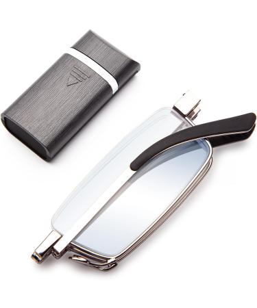 Amorays Foldable metal reading glasses mini portable reading glasses with hard case anti-blue light for men and women 1166 +1.50 gray
