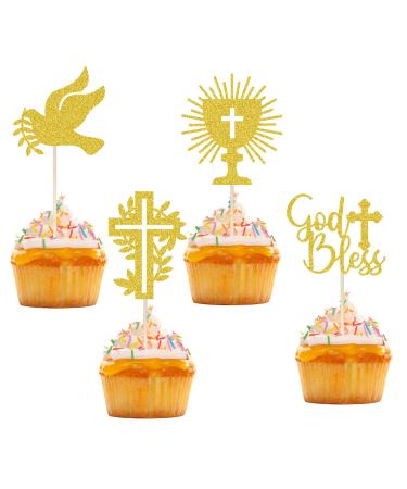First Holy Communion Cupcake Toppers Gold Glitter First Communion Cake Topper God Bless Dove Cross Cupcake Picks God Christian Baptism Theme Baby Shower Birthday Party Cake Supplies A4JDSCCP