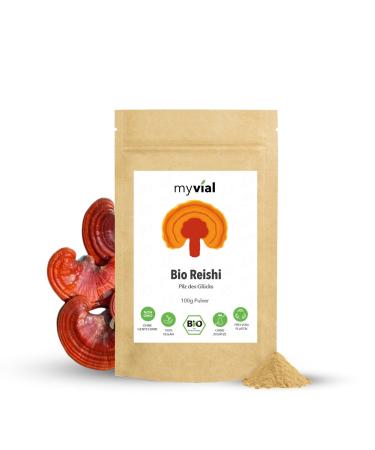 MyVial Bio Reishi Pulver 100g - Vital Mushroom Ganoderma Lucidum - Perfect for smoothie bowl tea - shiny paint porling vegan without additives packed plastic -free