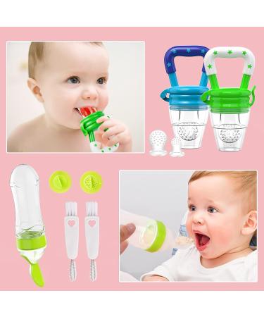 HAOBAOBEI Baby Fresh Fruit/Food Feeder Pacifier (2 Pcs) - Silicone Teething Toys with 2 Sized Pouches, Spoon, Bottle Brush - Blue&Green Set - Buy Online on GoSupps.com