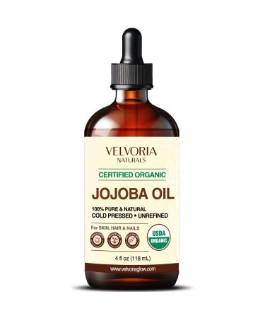 VELVORIA NATURALS Organic Jojoba Oil - 100% Pure Cold Pressed Unrefined Non-GMO for Skin Hair & Nails - 4oz
