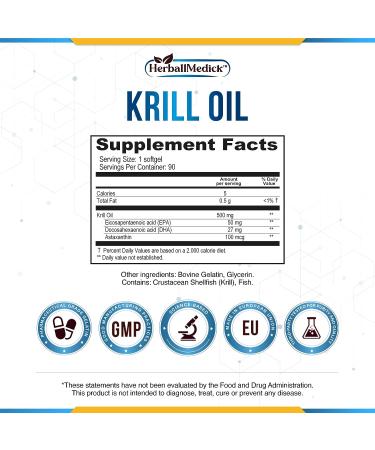 HerballMedick Krill Oil 500mg - Omega 3 Fatty Acid Heart Health & Joint Support Supplement with Antioxidant for Cholesterol, Brain, and Eye Health - Buy Online on GoSupps.com
