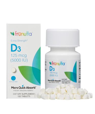 Frunutta Vitamin D3 5000 IU Under The Tongue Instant Dissolve Tablets - 125 mcg x 100 Tablets - for Stronger Bones Muscles and Immune System - Dietary Supplement- Non-GMO Gluten Free