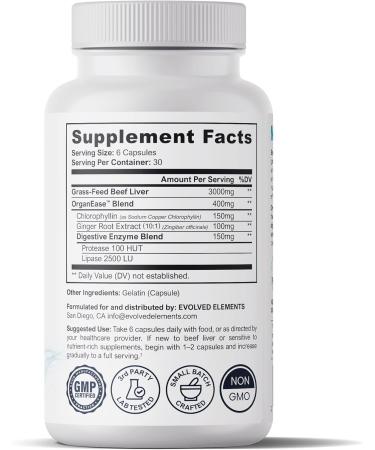 Evolved Elements Beef Liver Gentle New Zealand Grass-Fed Grass-Finished Desiccated Beef Liver Supplement with OrganEase for Odor-Neutral Smooth Digestion Clean Taste 3 000 mg 180 Capsules - Buy Online on GoSupps.com