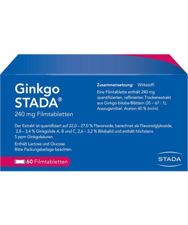 Ginkgo Stada 240 mg - Improve Cognitive Function & Quality of Life for Mild Dementia | 30 Film-Coated Tablets | International Shipping Available - Buy Online on GoSupps.com