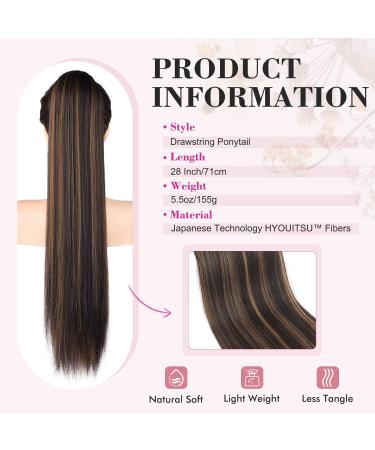 Reecho 28 Long Straight Ponytail Extension - Chestnut Brown with Blonde Highlights | Synthetic Drawstring Hairpiece for Women - Buy Online on GoSupps.com