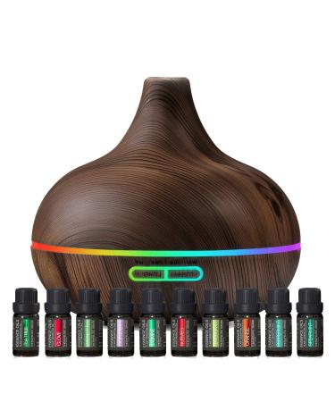 Ultimate Aromatherapy Diffuser & Essential Oil Set - Ultrasonic Diffuser & Top 10 Essential Oils - 300ml Diffuser with 4 Timer & 7 Ambient Light Settings - Therapeutic Grade Essential Oils - Dark Oak…