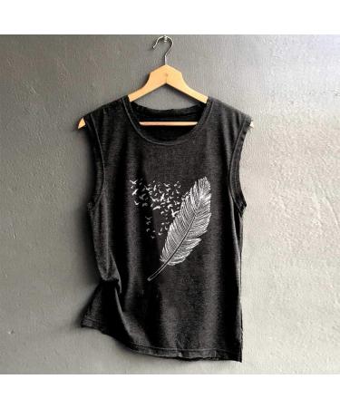 Women's Sleeveless Flying Birds Feather Print Tank Top - Round Neck Loose Pullover Blouse - Buy Online on GoSupps.com