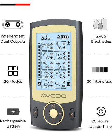 AVCOO Dual Channel TENS Unit Muscle Stimulator | 20 Modes Pain Relief | 12 Electrode Pads | Rechargeable Pulse Massager with Dust-Proof Bag - Buy Online on GoSupps.com